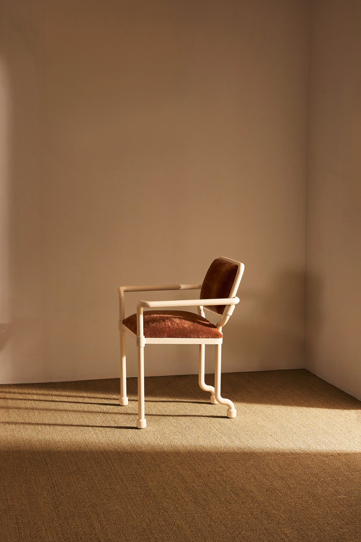 Marzio Cecchi white patinated metal and mohair velvet chair, single chair, angled side view