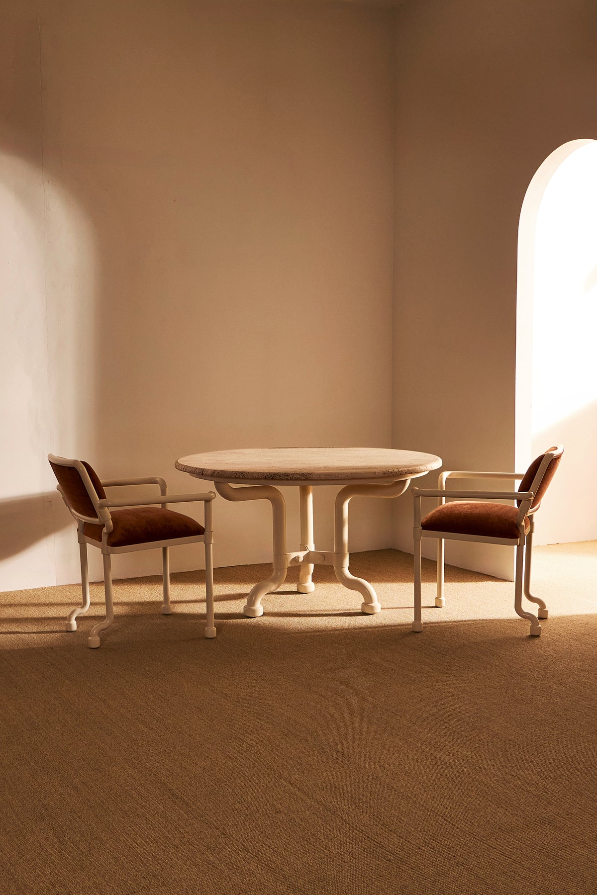 Marzio Cecchi white patinated metal and mohair velvet chair, two chairs at a round table in the room