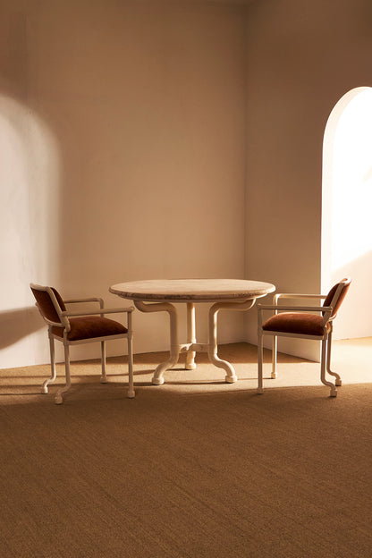 Marzio Cecchi white patinated metal and mohair velvet chair, two chairs at a round table in the room