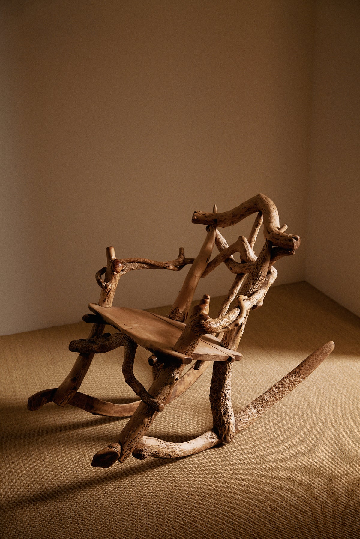 Matti Savijärvi tree root rocking chair, closer angled view