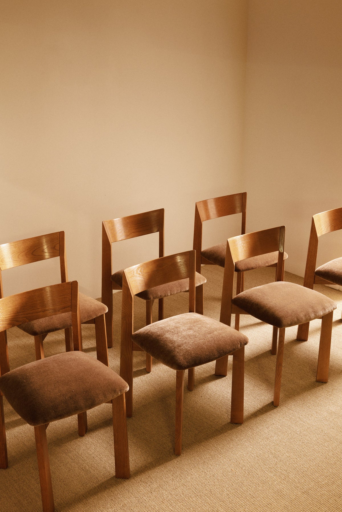 Mauro Pasquinelli oak and mohair velvet Maria dining chair, group of chairs seen at an angle