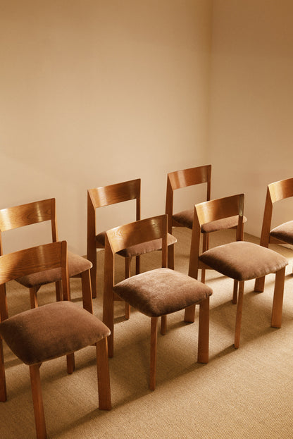 Mauro Pasquinelli oak and mohair velvet Maria dining chair, group of chairs seen at an angle