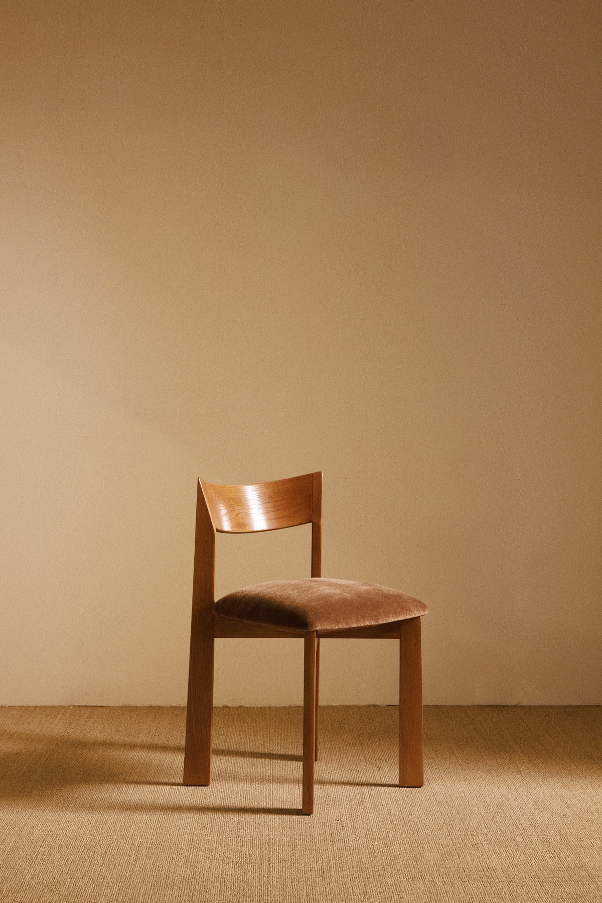 Mauro Pasquinelli oak and mohair velvet Maria dining chair, single chair at an angle