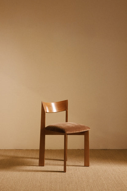 Mauro Pasquinelli oak and mohair velvet Maria dining chair, single chair at an angle