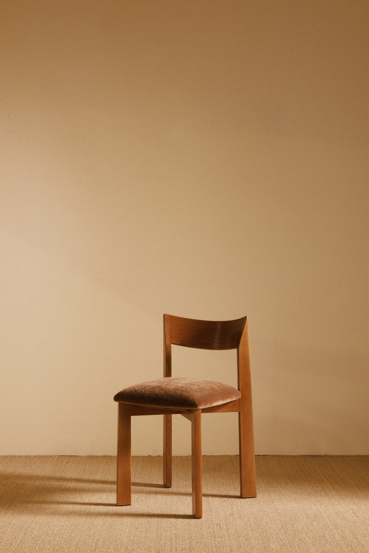 Mauro Pasquinelli oak and mohair velvet Maria dining chair, single chair, three quarter front view