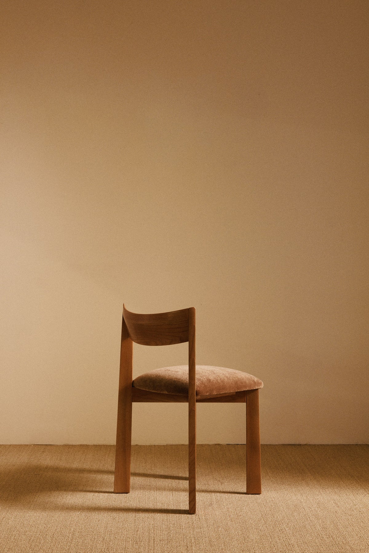 Mauro Pasquinelli oak and mohair velvet Maria dining chair, single chair, rear angled view