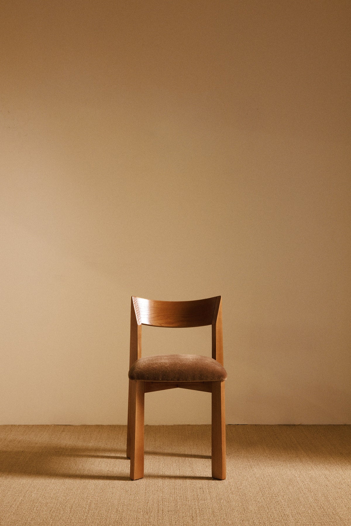 Mauro Pasquinelli oak and mohair velvet Maria dining chair, single chair from behind, nearer view