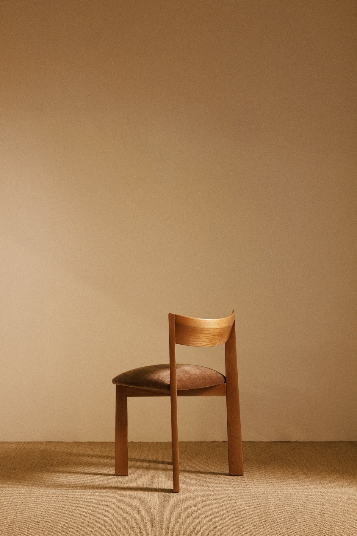 Mauro Pasquinelli oak and mohair velvet Maria dining chair, single chair, three quarter rear view