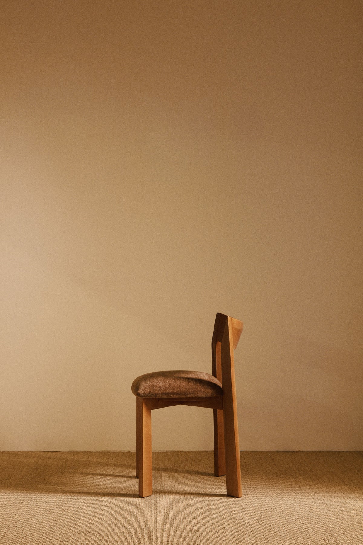 Mauro Pasquinelli oak and mohair velvet Maria dining chair, single chair in profile from the other side