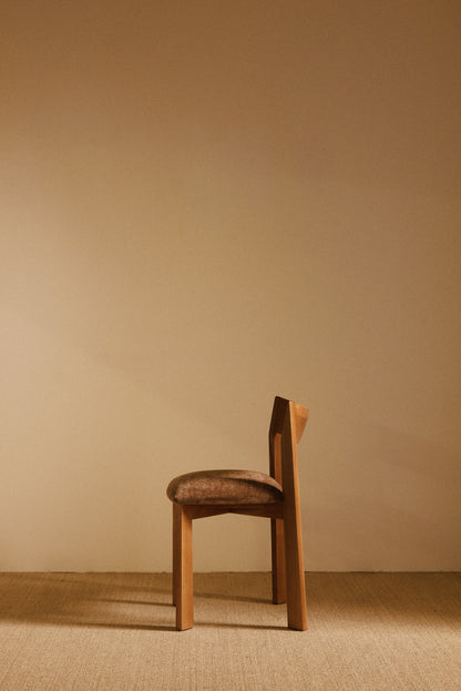 Mauro Pasquinelli oak and mohair velvet Maria dining chair, single chair in profile from the other side