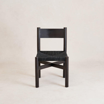 Nonna dining chair in black with woven jute seat, front view