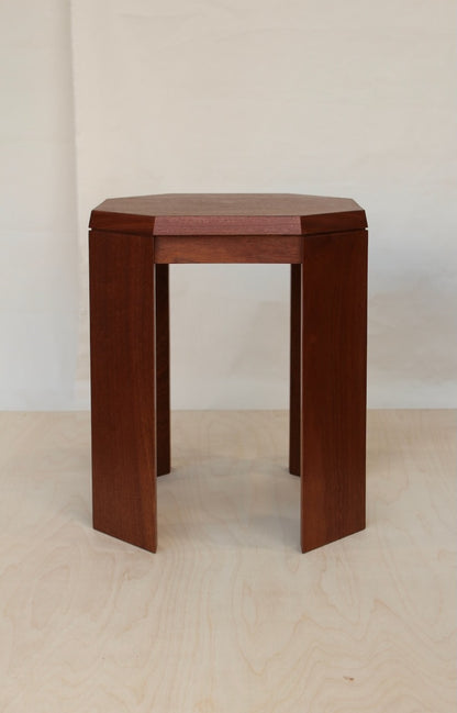 Paris Side Table in sapele mahogany, front view showing the chamfered top and two flat slab legs
