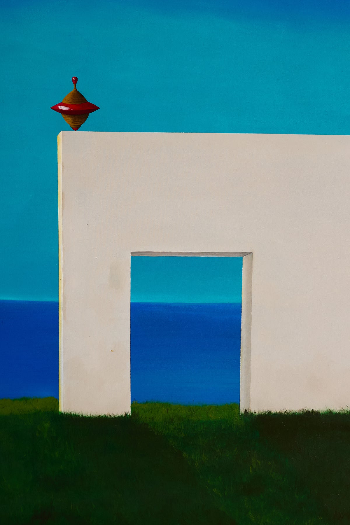 Provençal Spirit, Gentle and Soothing acrylic painting, view of the white wall, doorway and spinning top