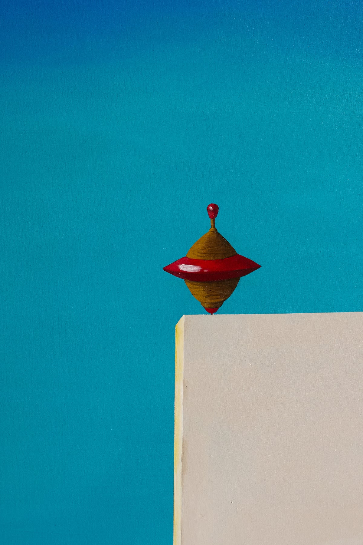Provençal Spirit, Gentle and Soothing acrylic painting, close view of the red spinning top above the wall