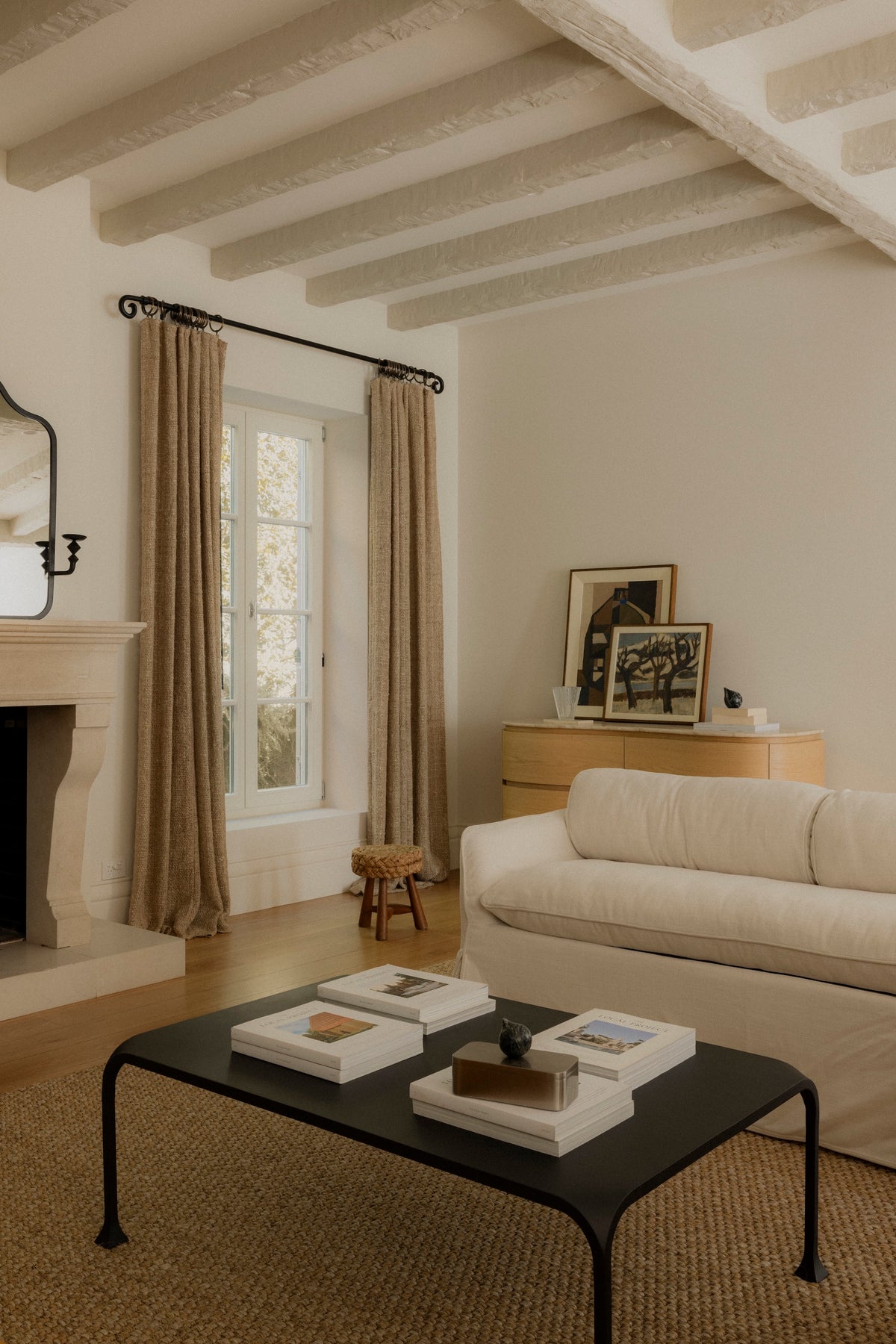 Remy Dresser in Palomino with Cohen Linen Sofa in Ivory and Allegra Coffee Table