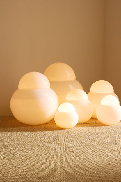 Sergio Asti frosted glass lamps, all six lamps seen from a low angle
