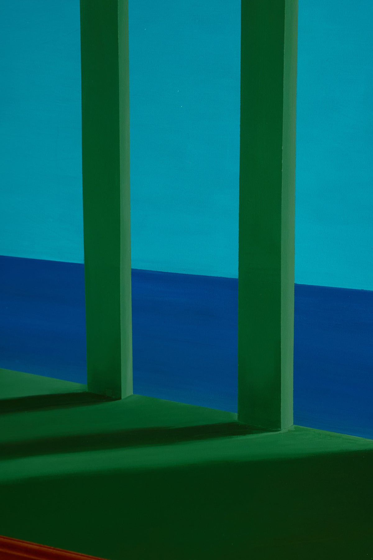 To Infinity and Beyond acrylic painting, close view of the green columns and the sea
