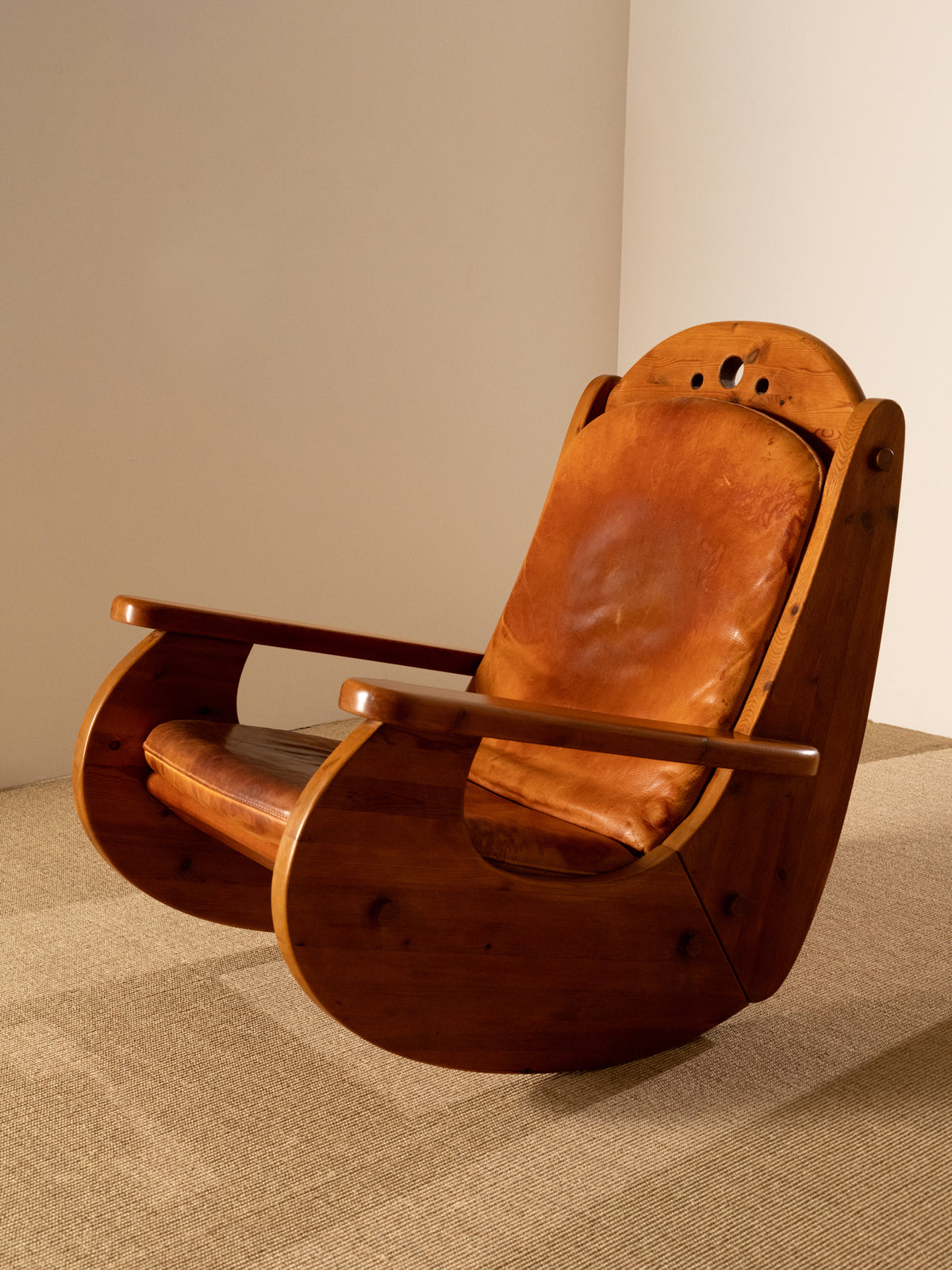 Wasa Furniture pine and patinated leather rocking chair, angled view