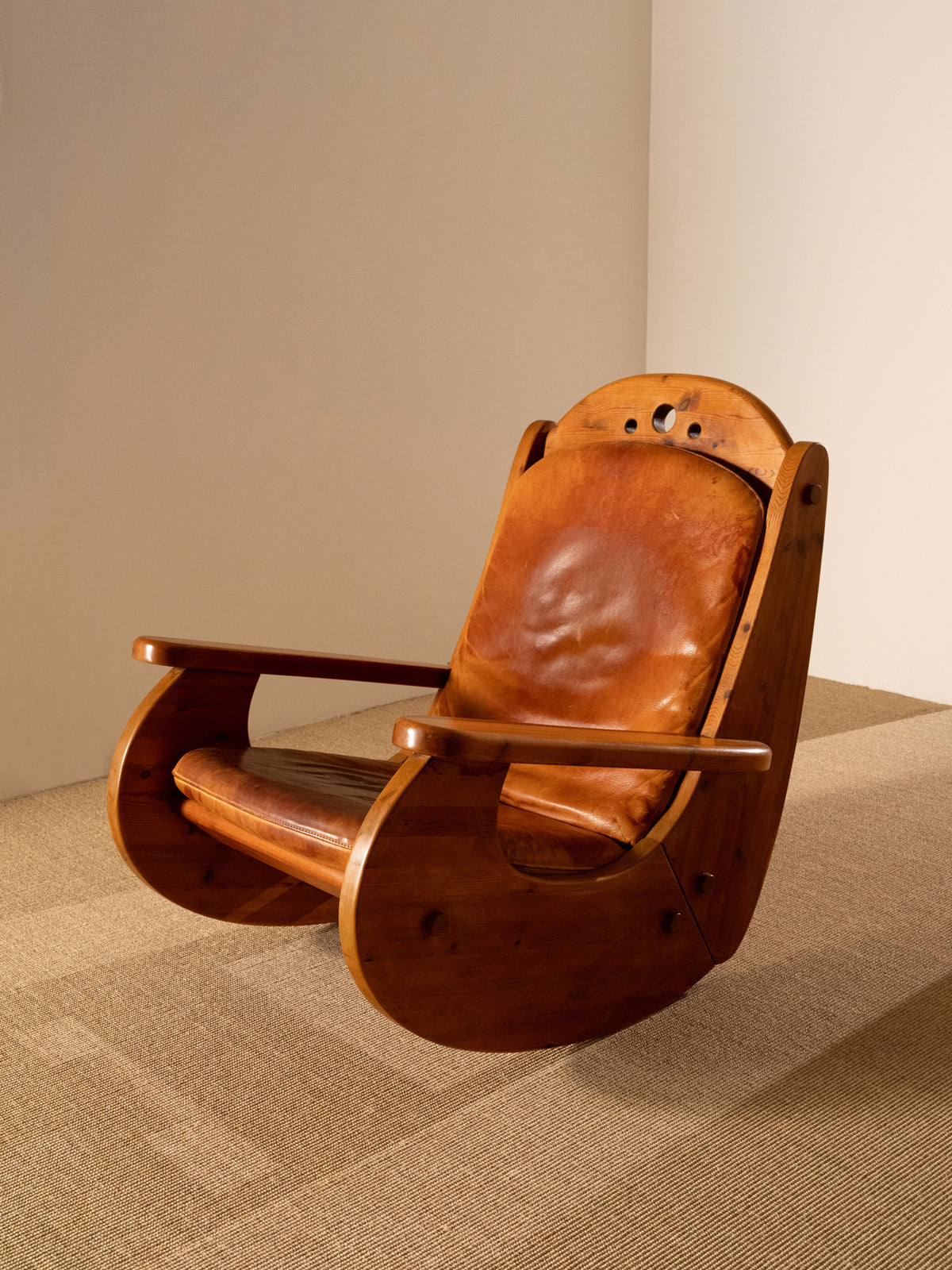 Wasa Furniture pine and patinated leather rocking chair, wide angled view