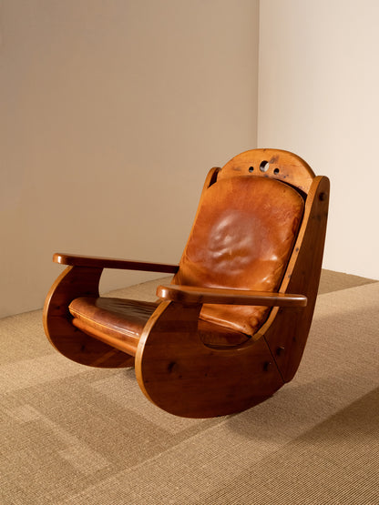Wasa Furniture pine and patinated leather rocking chair, wide angled view