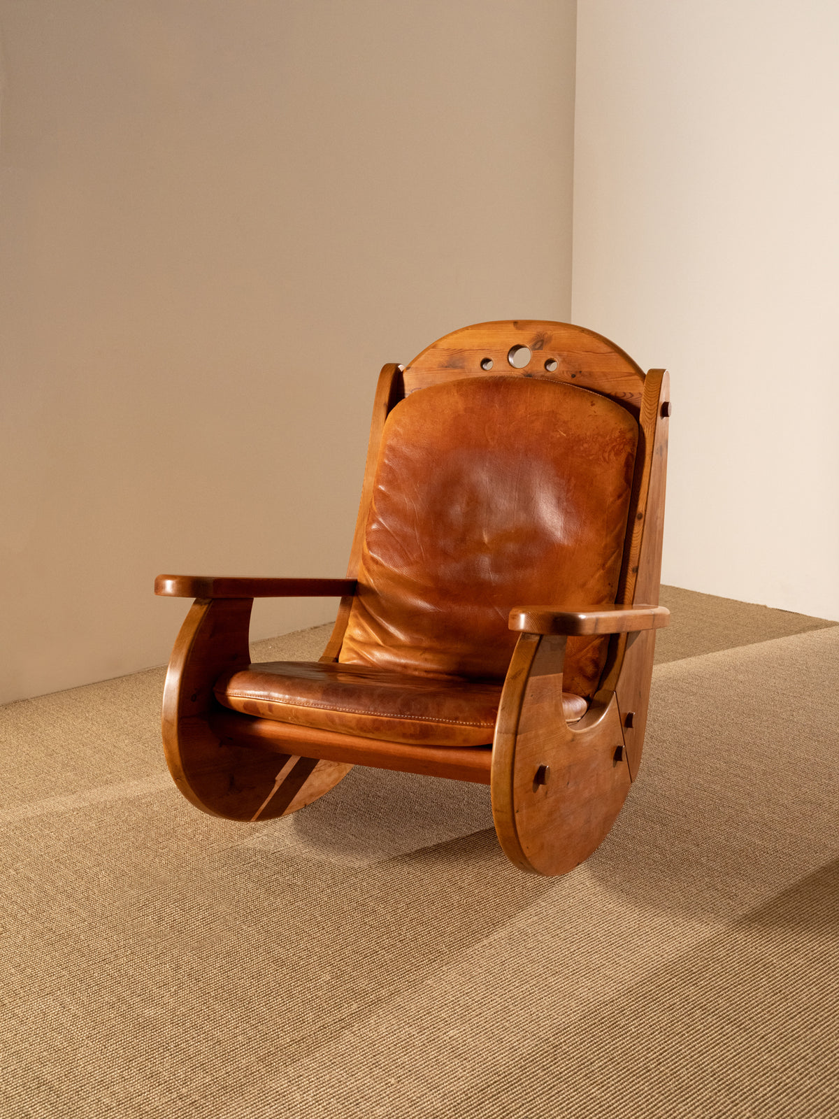 Wasa Furniture pine and patinated leather rocking chair, angled front view