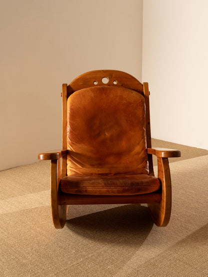 Wasa Furniture pine and patinated leather rocking chair, front view