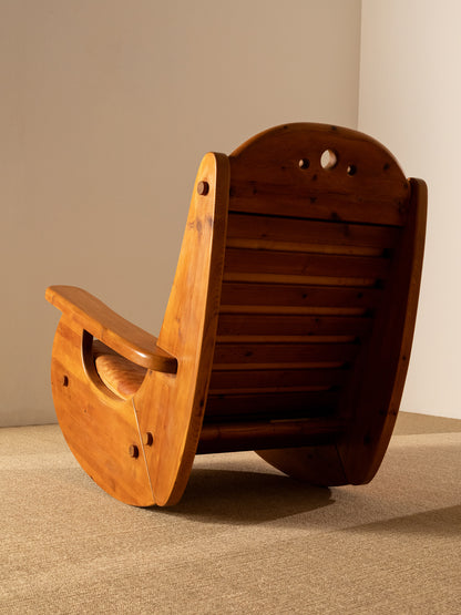 Wasa Furniture pine and patinated leather rocking chair, view from the rear side