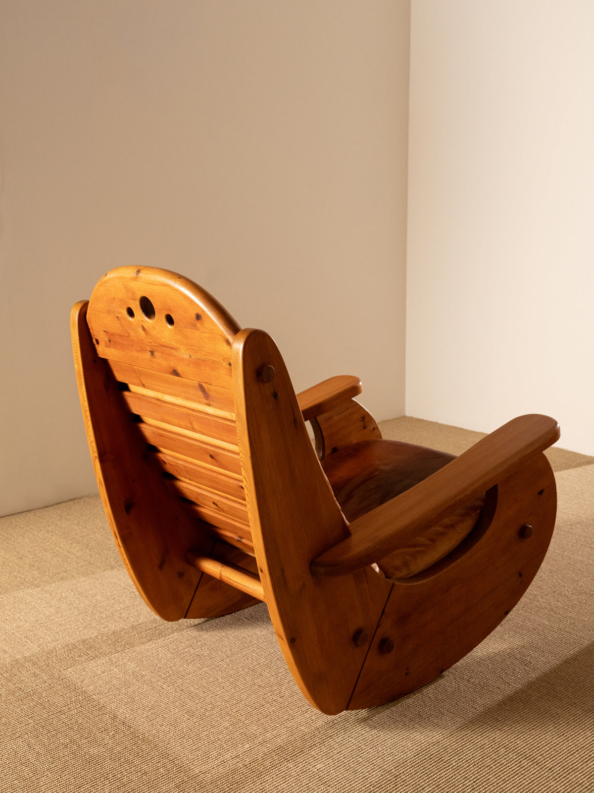 Wasa Furniture pine and patinated leather rocking chair, rear three quarter view