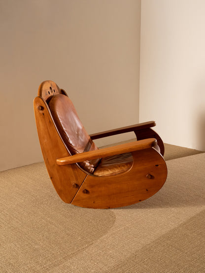 Wasa Furniture pine and patinated leather rocking chair, three quarter view