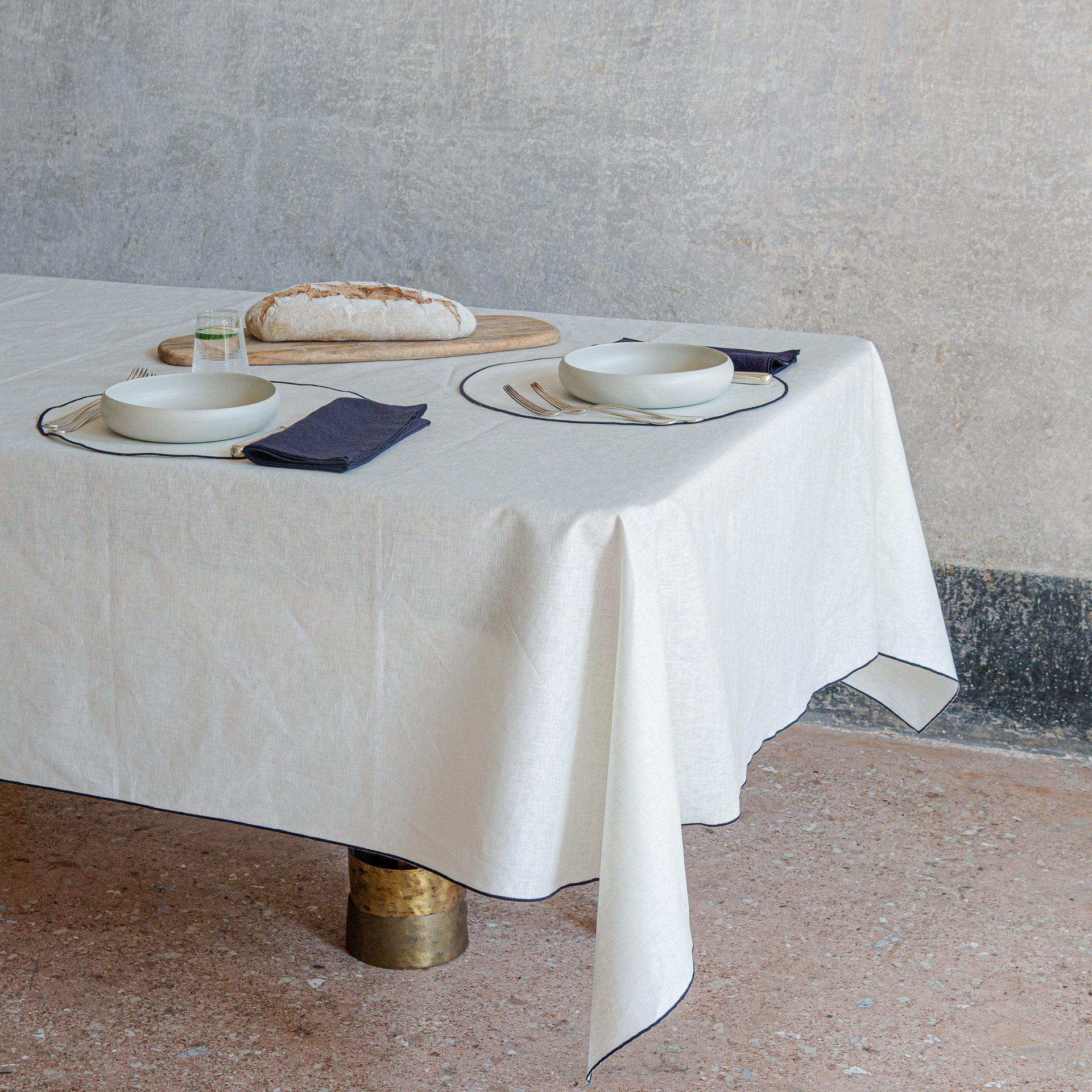 Waxed Linen Tablecloth with Trim - White / Dark Blue