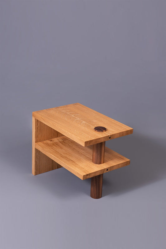 Oak & Walnut Pillar Nightstands - Set of 2 Bedside Tables