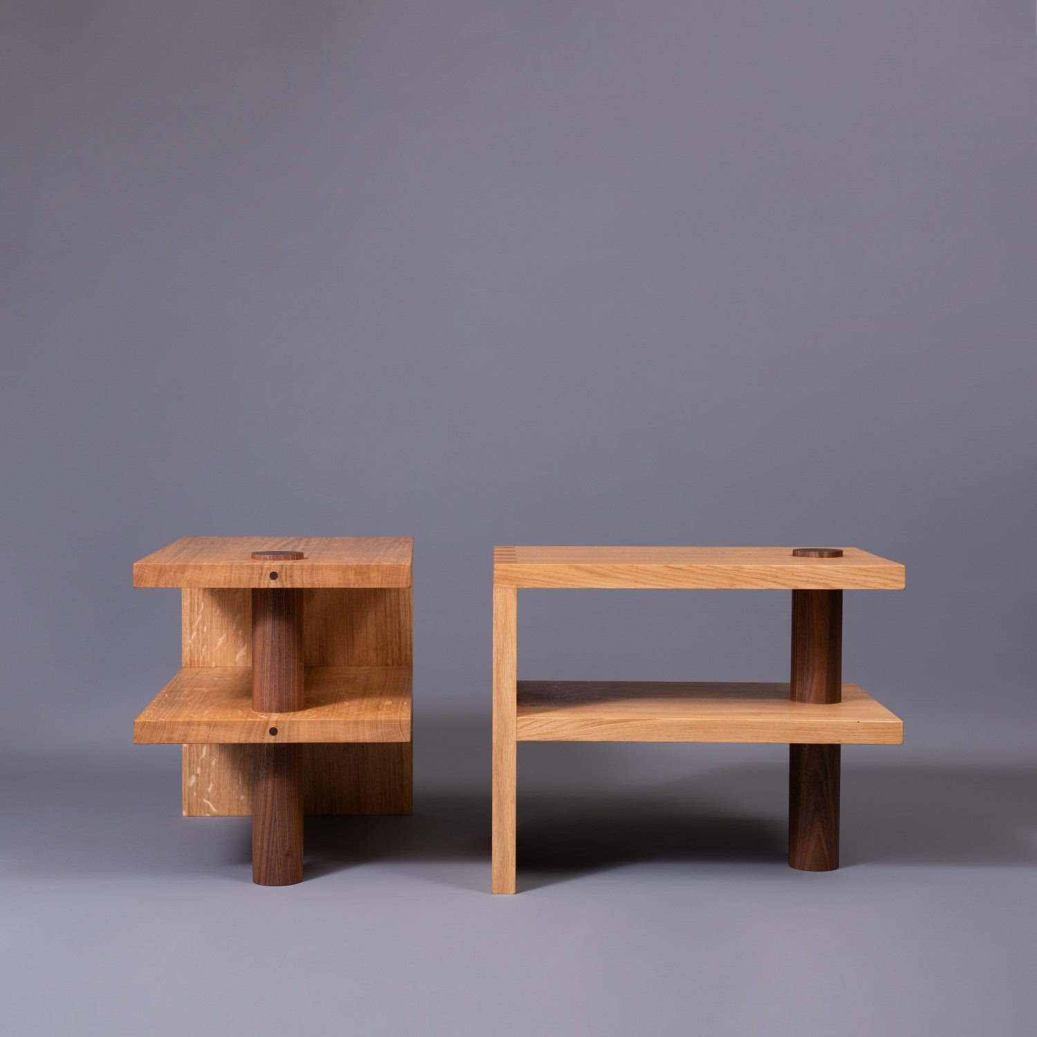 Oak & Walnut Pillar Nightstands - Set of 2 Bedside Tables