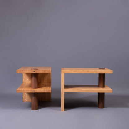 Oak & Walnut Pillar Nightstands - Set of 2 Bedside Tables