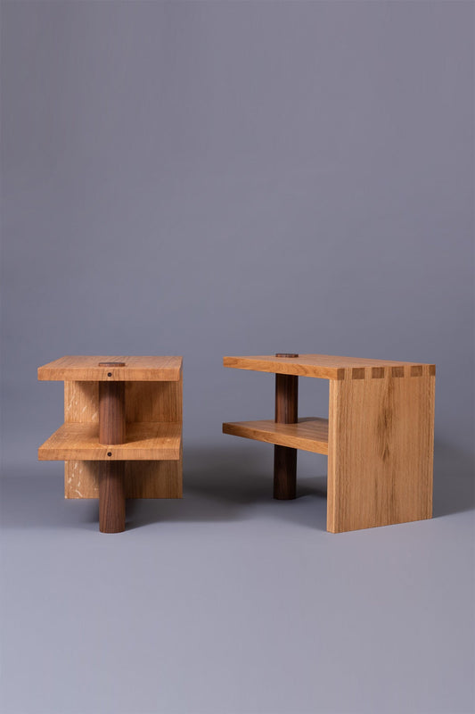Oak & Walnut Pillar Nightstands - Set of 2 Bedside Tables