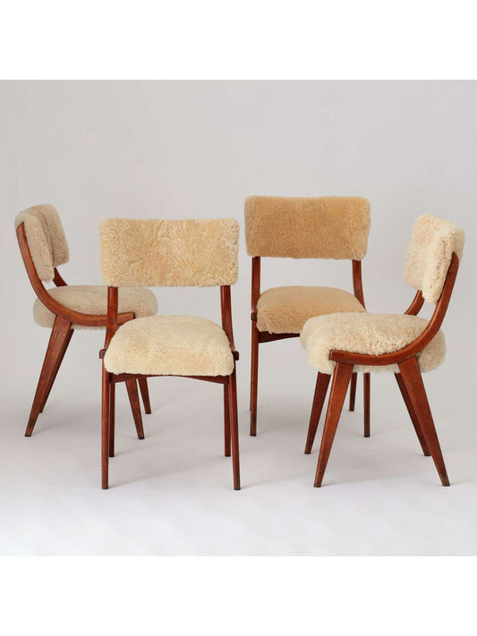 Set of Four Vintage Danish Chairs Hand Upholstered in Sheepskin Dining Chairs