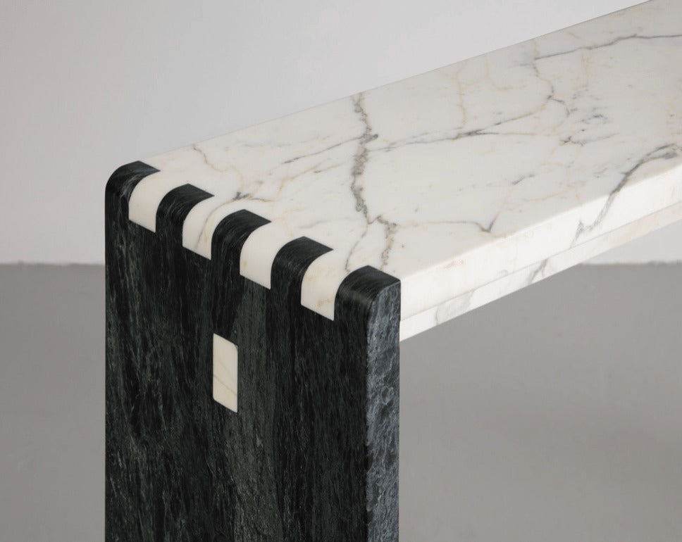 Marble Jointed Console Table in Calacatta Gold and Verde Green Consoles