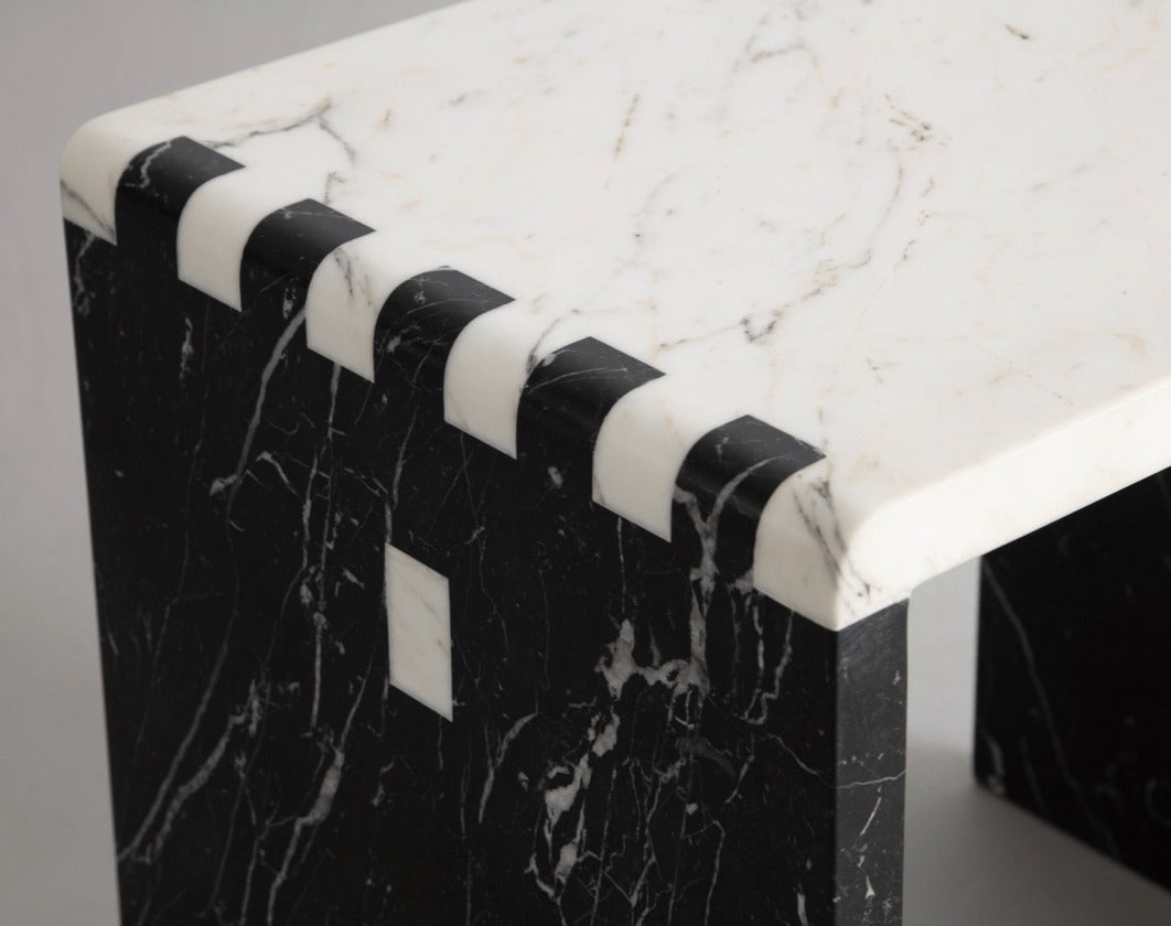 Marble Jointed Stool in Calacatta Gold & Nero Marquina Stools