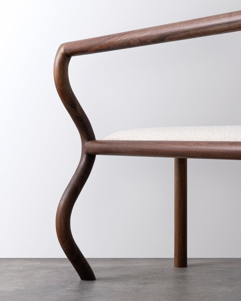Squiggle Bench in Walnut and Boucle Benches